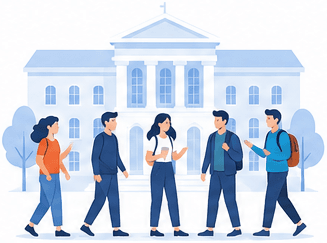 Illustration of students walking and talking in front of a university building