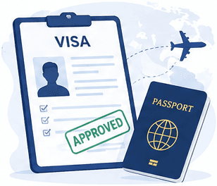 Illustration of an approved visa application form beside a passport