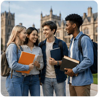 A group of happy students celebrating together on campus