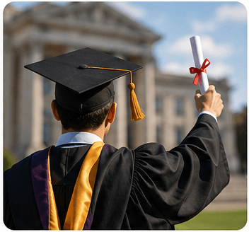 A graduate in cap and gown holding a diploma