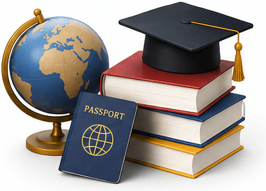 Globe, stack of books, passport and graduation cap arranged together