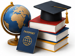 Illustration of a globe with books, a graduation cap and a passport